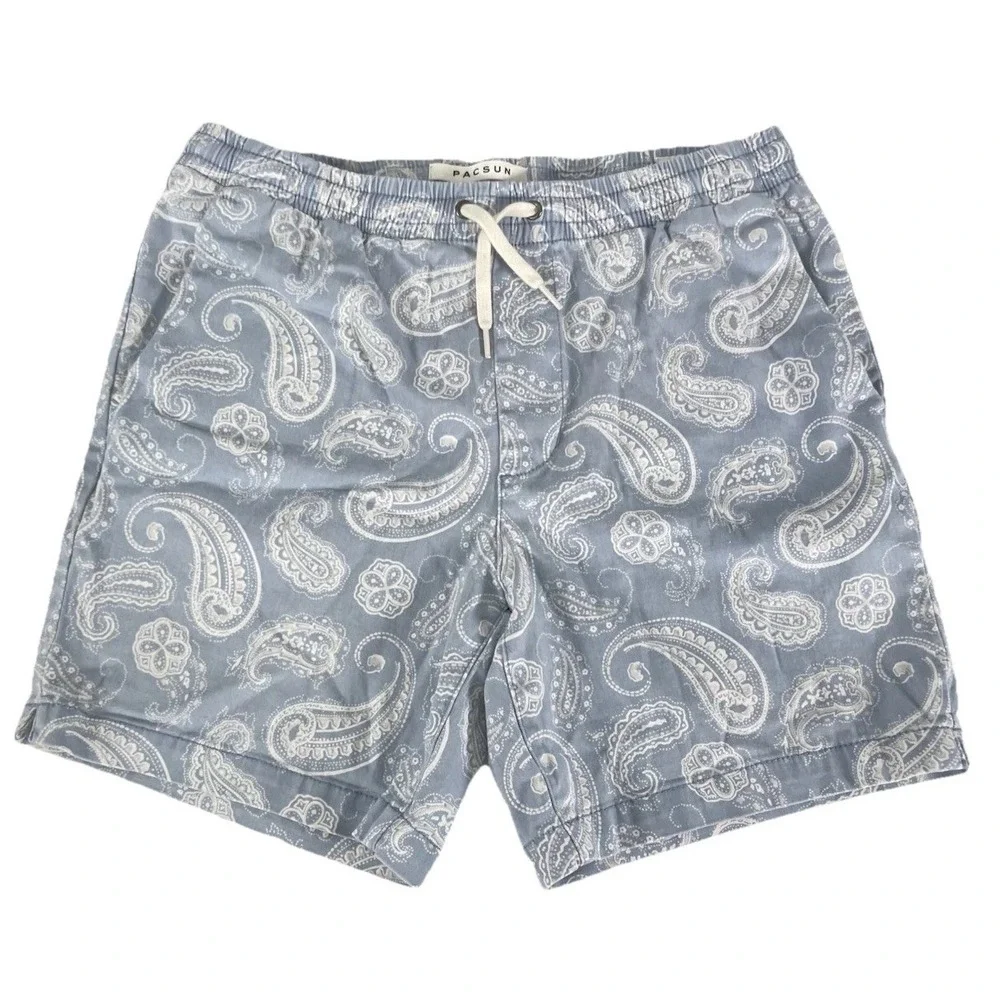 PacSun Men's Paisley Volley Shorts Blue Elastic Waist Drawstring Size S - Picture 1 of 13